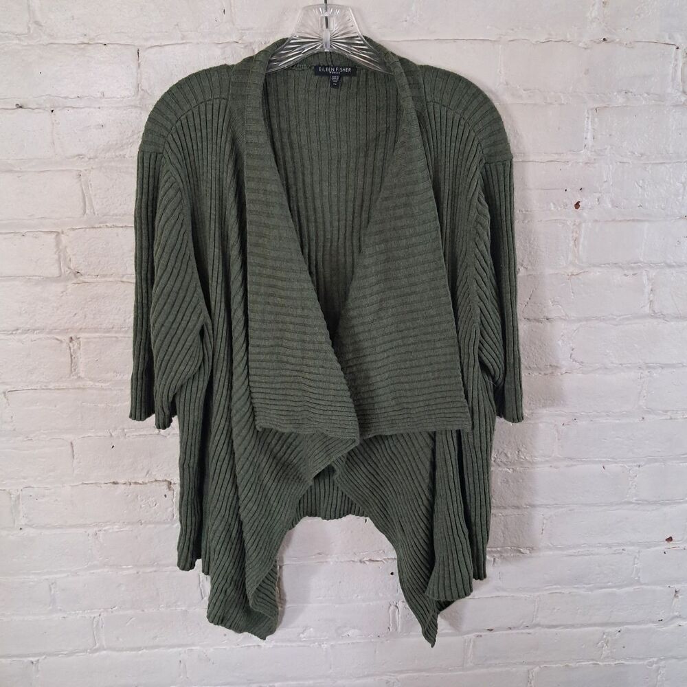 Eileen Fisher 2X Cardigan Green 100% Merino Wool Short Sleeve Open Front Ribbed